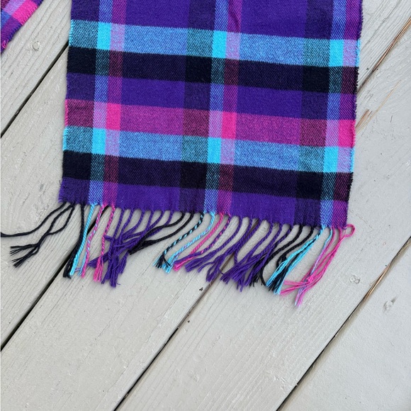 100% Cashmere Plaid Purple and Pink Long Scarf with Fringes, Size: 62”L x 12” - Picture 3 of 4